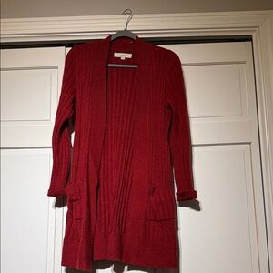 LOFT Red Open-Front Ribbed Cardigan with Pockets